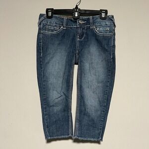 YNQ Juniors Size 1 Blue Denim Capri Jeans Distressed Raw Hem Stitching